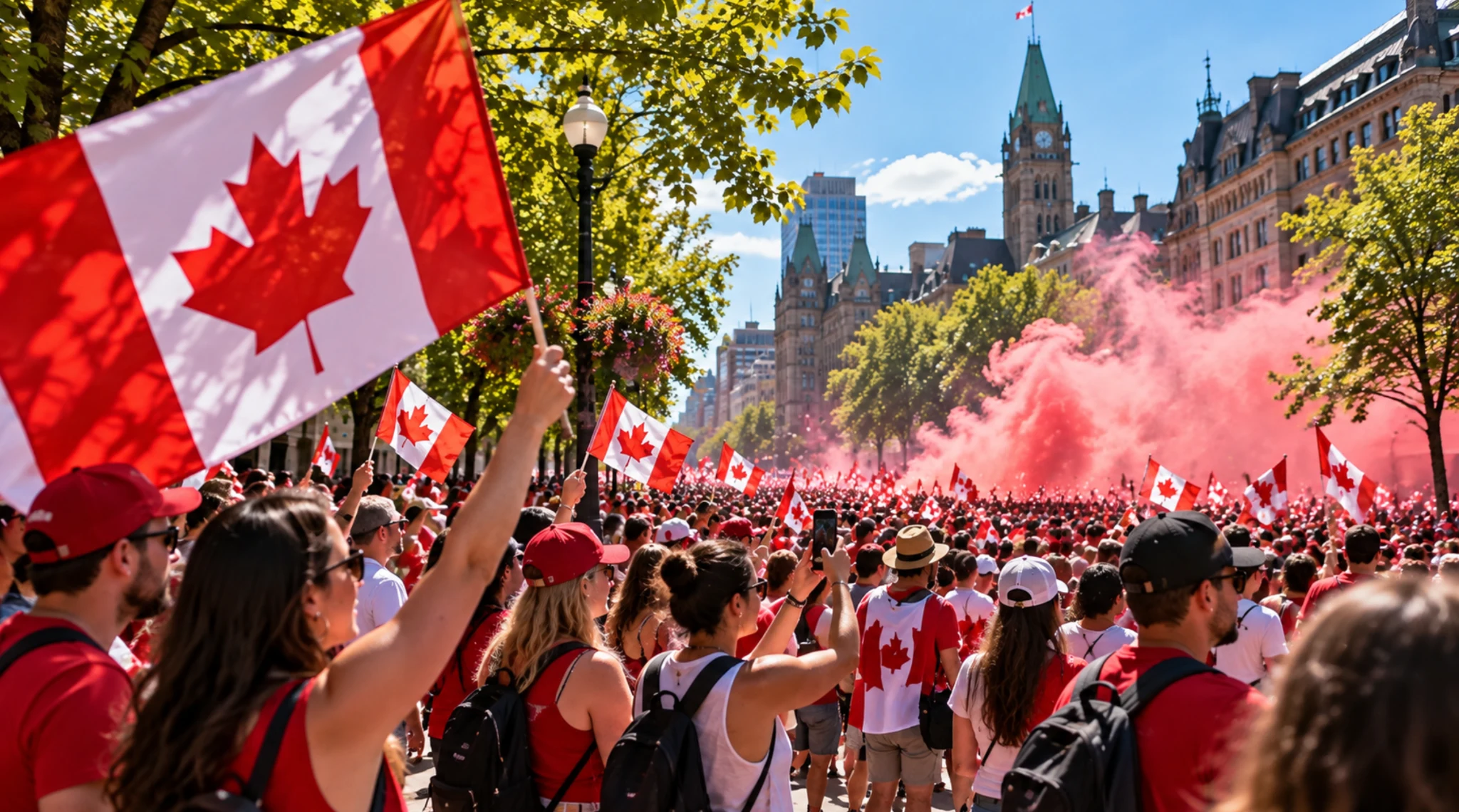 Creative illustration of a gathering with Canadian flags