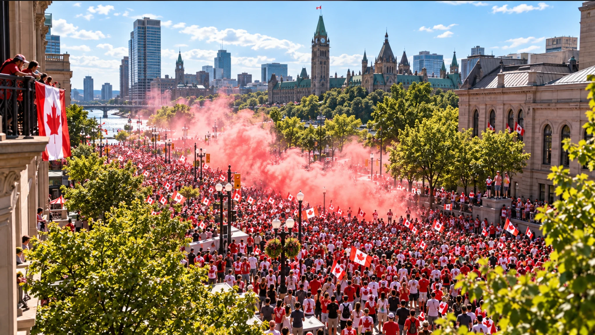 Creative illustration of a gathering with Canadian flags